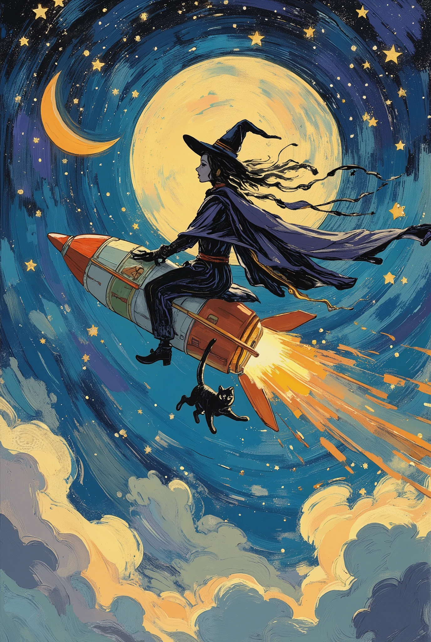 the witch rides a rocket and flies through the sky while flying through the stars々shines in the surroundings、the wide-angle camera smoothly chases from behind、creates a fantastic night atmosphere in digital art style。