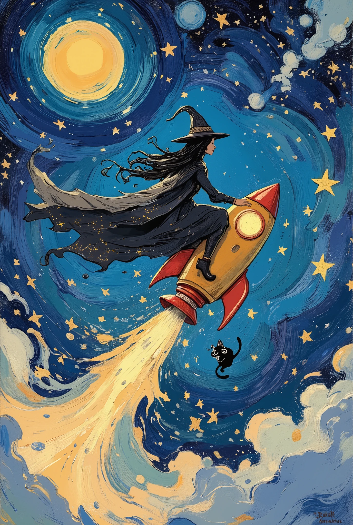 the witch rides a rocket and flies through the sky while flying through the stars々shines in the surroundings、the wide-angle camera smoothly chases from behind、creates a fantastic night atmosphere in digital art style。