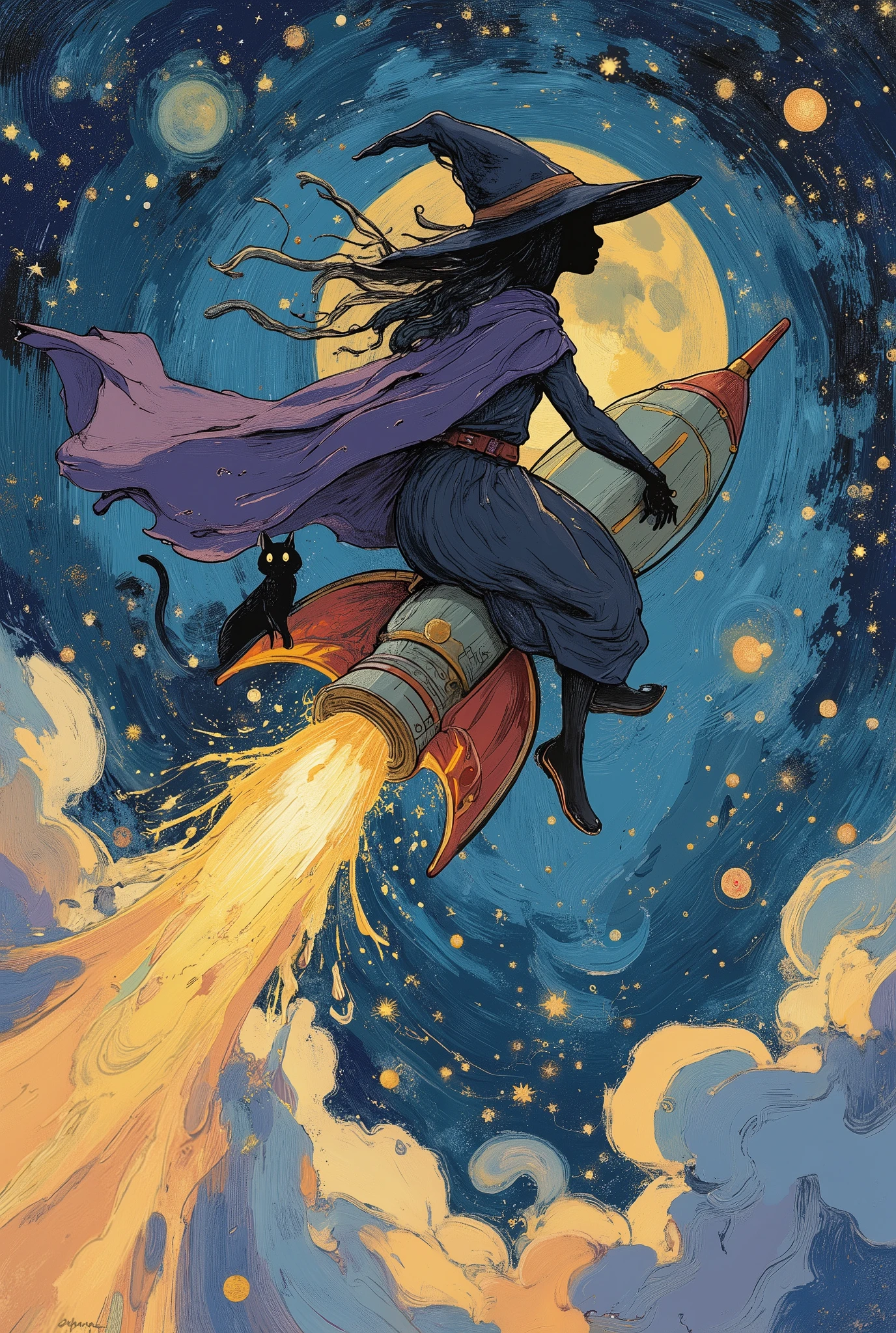the witch rides a rocket and flies through the sky while flying through the stars々shines in the surroundings、the wide-angle camera smoothly chases from behind、creates a fantastic night atmosphere in digital art style。