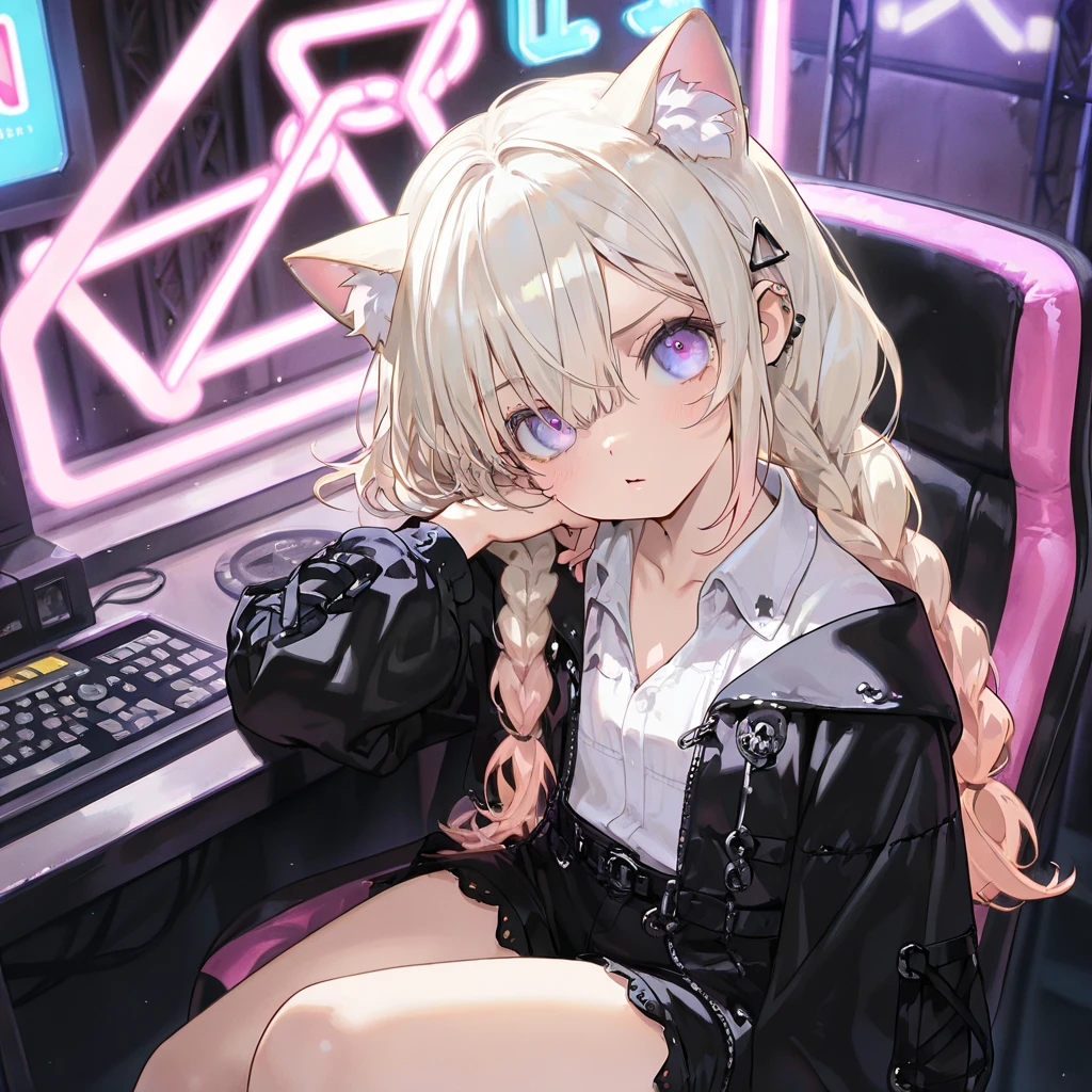 a blond、Black Mesh、Cat ear headphones、Eyes are stars、Red eye、hotpants、coat、The shirt、knee sox、boots、The sword、front facing