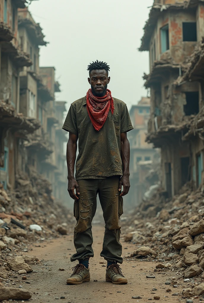poor beggar boy wearing ripped clothes in ruined city.