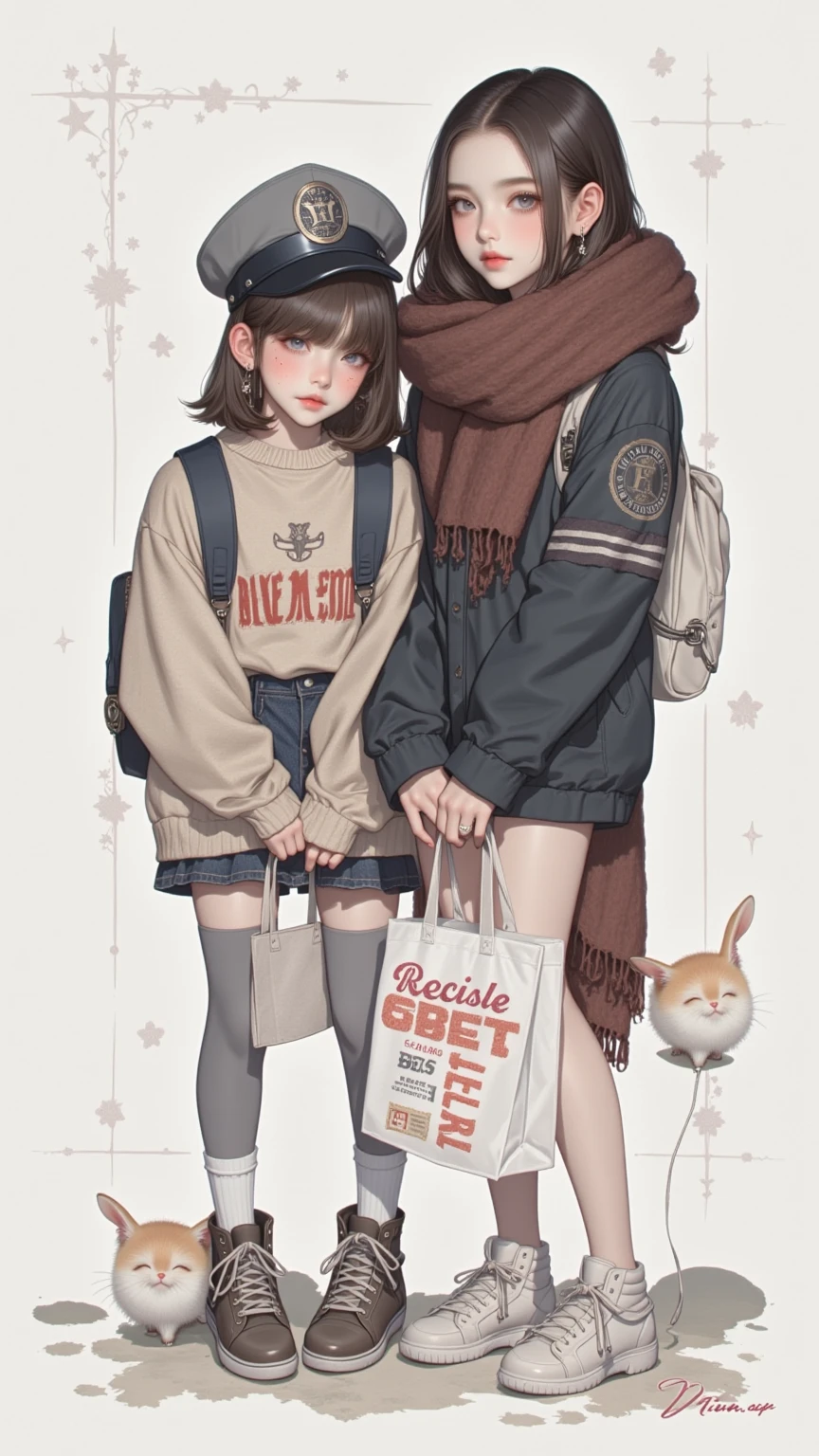 masterpiece, best quality, 2girls, , slim, flat chest, white wonyer jacket, white panties, throw snowballs, play, smile, fun, dynamic poses, winter, white, snow, best shadows, watercolor, 
