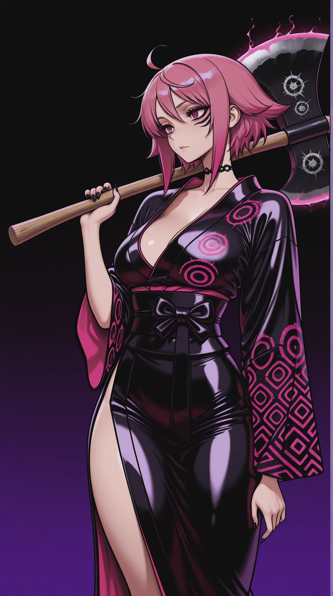 Perfect face. Perfect hands. A pink haired female reaper with violet eyes with an hourglass figure in a leather kimono spinning her scythe in a shrine