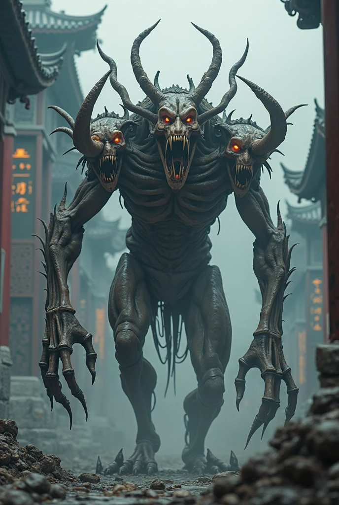 Top quality, masterpiece, oriental ancient background, creature with complex red mask, long hair, monster-like creature, body made of complex machinery, science fiction, detailed science, life science, wearing shabby traditional oriental clothes, detailed image texture, bizarre, horror, creepy atmosphere (not AI image), cloudy weather, foggy, low color image, eerie, creature hanging upside down, full screen image, images from various angles