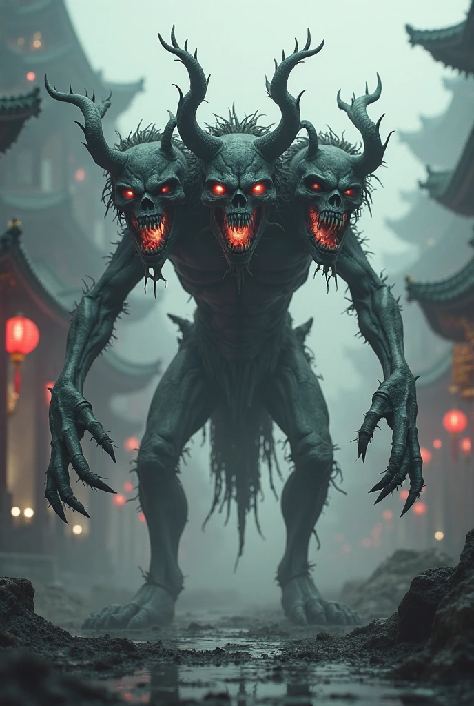 An deadliest creature with glowing red eyes . Standing in old Chinese place in yellow and light blue neon light . At 16:9 ratio