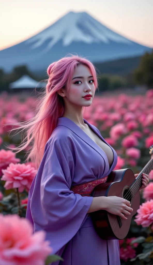 professional portrait photograph of a gorgeous beautiful sexy girl in the most beautiful highly detailed open layed kimono with sash and ribbons with ((long wavy rainbow colored hair)), sultry flirty look, freckles, gorgeous symmetrical face, cute natural makeup, massive accentuated super huge enormously gigantic breasts, cherry blossoms blowing in the wind Shinto shrine background