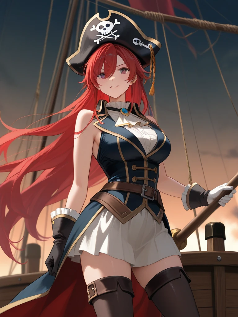 Full body shot, Female asian Irina Shidrou red hair twintails green eyes, in a pirate ship, wearing a pirate outfit and pirate hat and diamond earrings and golden choker, open mouth, happy, holding a sword, frontal shot, side profile shot, rear shot, back shot, behind shot, full body shot, masterpiece, highly detailed, high definition, high resolution,