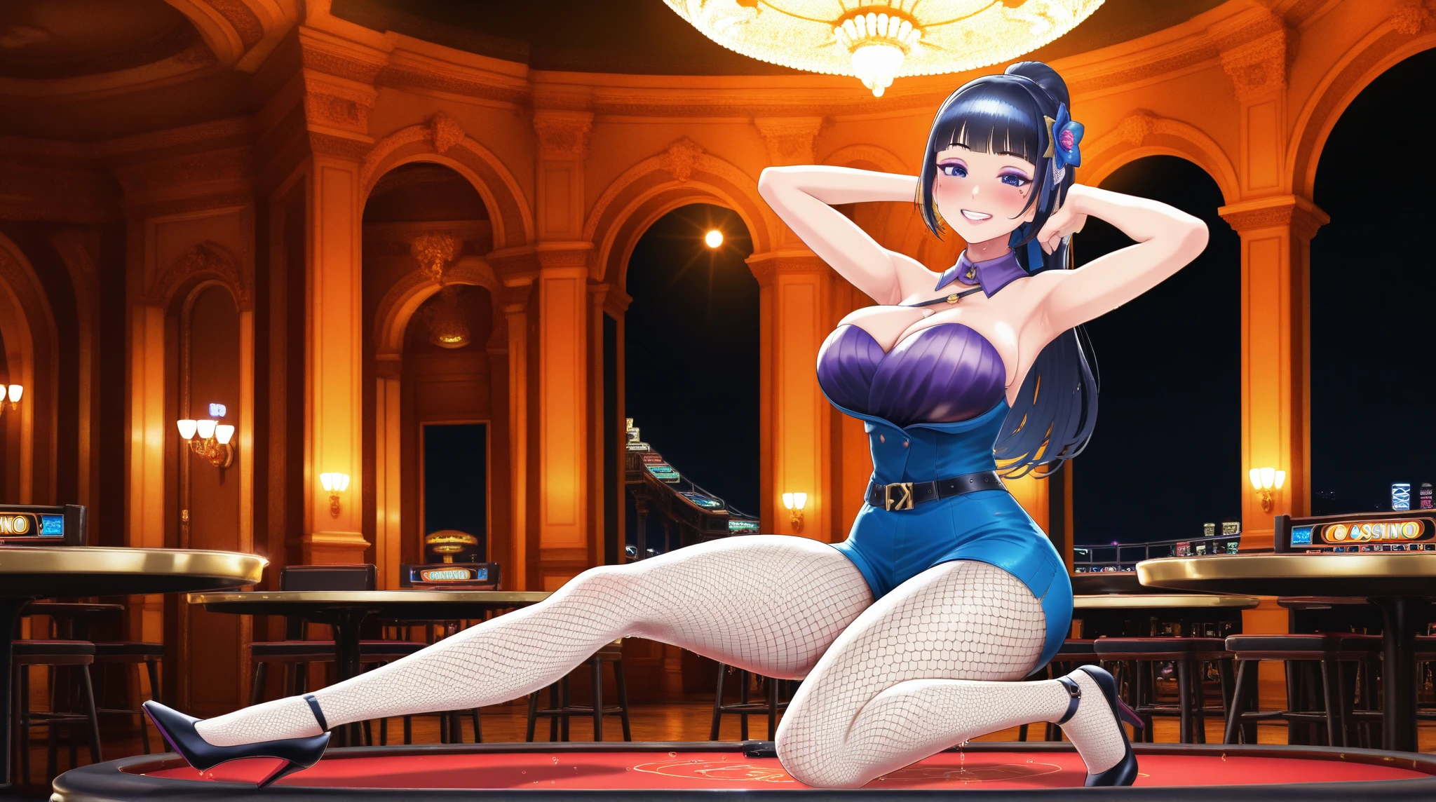 16 yo girl, hime cut, long hair, light blue hair, K cup breast, thicc thigh, perfect hourglass body, golden pasties on tits and pussy, pussy blue hair, golden heels, squatting, spreading legs, casino scene, clear view, charming smile