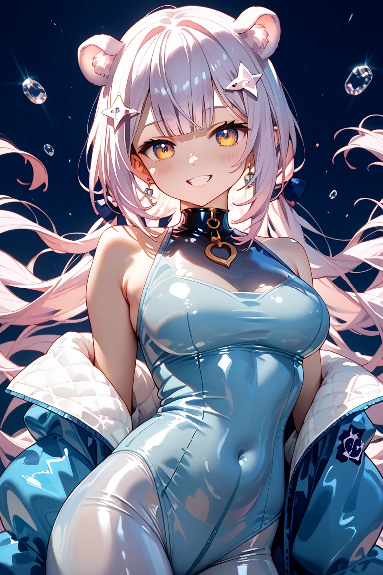 girl、anime painting、light blue hair、pink eyes、smile、Synchronized Swimming Costume、acorn、From the side