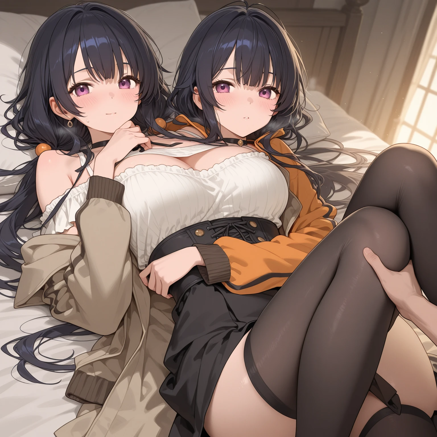 NSFW、1人の女性、brown haired(Curta)、Brown eyes、Black-rimmed glasses、 Best Quality、ultra-detailliert、8K resolution、Raw photo、masutepiece、seductive boobs、gorgeous faces、Perfect body、Sleeping on the sofa、Finger sucking