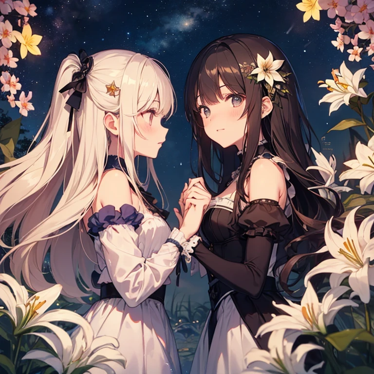 2girls, holding hands, two girls are wearing futuristic clothes, year 3033, outdoors, , purple sunset, summer sunset in a different world, multiple beautiful planets in the sky, a girl living in a different world, , joyful smile, , cleavage