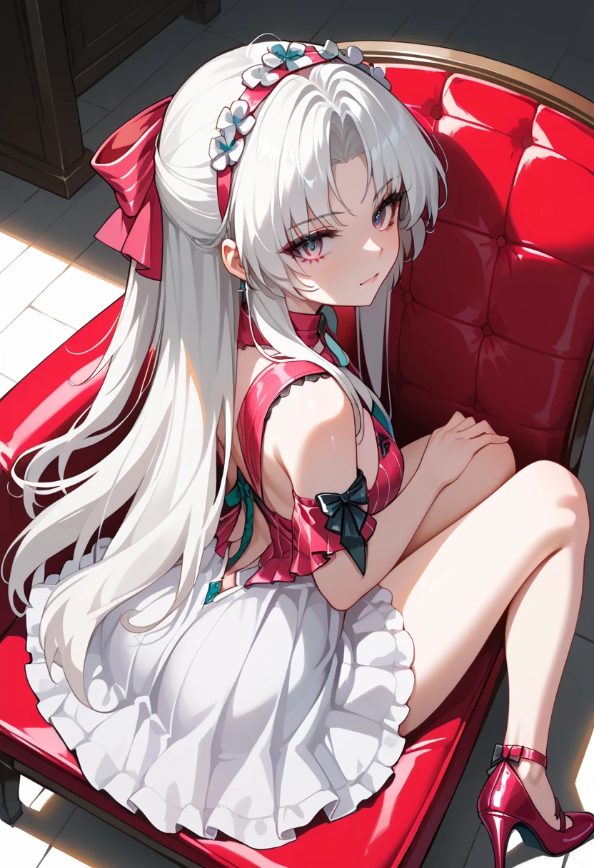 Silver hair, pink eyes, body, cat ears, sexy girl, earrings, background fantasy, red pink dress uniform, hair bows, sit down