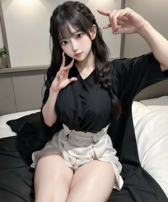 Keqing, genshin impact, sitting on a bed, black skirt with line pattern, necklace, white long shirtpurple hair, purple eyes, medium breast, super realistic, super detail
