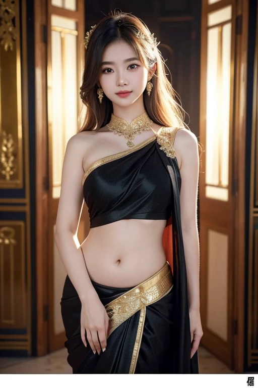 (Masterpiece:1.4), CG Unity 8k walpaper, ((Realistic: 1.2)), Ray Tracing, 64k,a girl 20 years, ((Luxury glitter Burgundy wearing an elegant saree: 1.2)), Beautiful curves on body, Young figure, Super round Young breasts under the saree blouse, black showing, ((beautiful ovel shape belly button)), curly long hair,deep black eyes,shiny red lips,brown skin,lotus flower in her hair, palms decorated with henna,in a blooming garden,bright colorful flowers,green grass,blue sky,sunshine falling on her,peaceful and serene expression,subtle smile on her face,fingers delicately touching flower petals,body language full of grace and elegance, scenic beauty,painting as medium,detailed and vivid,high-resolution image,photorealistic rendering,vibrant colors,soft lighting, [(4 different Poses),(pose 1: Grab hair with both hands, tighten tummy to lift hips,stand side ways),(pose 2: strech your arm,hand on hip, tighten tummy and lift hip),(pose 3: tilt head to smile,put arm behind back,place arm side by leg),(pose 4: title your head to smile,put your hands naturally by your side,stand side ways)], (Detailed poses), (Detailed Dress), (detailed background) , Beautiful human real fingers, beautiful human real hands, Real human natural skin,  