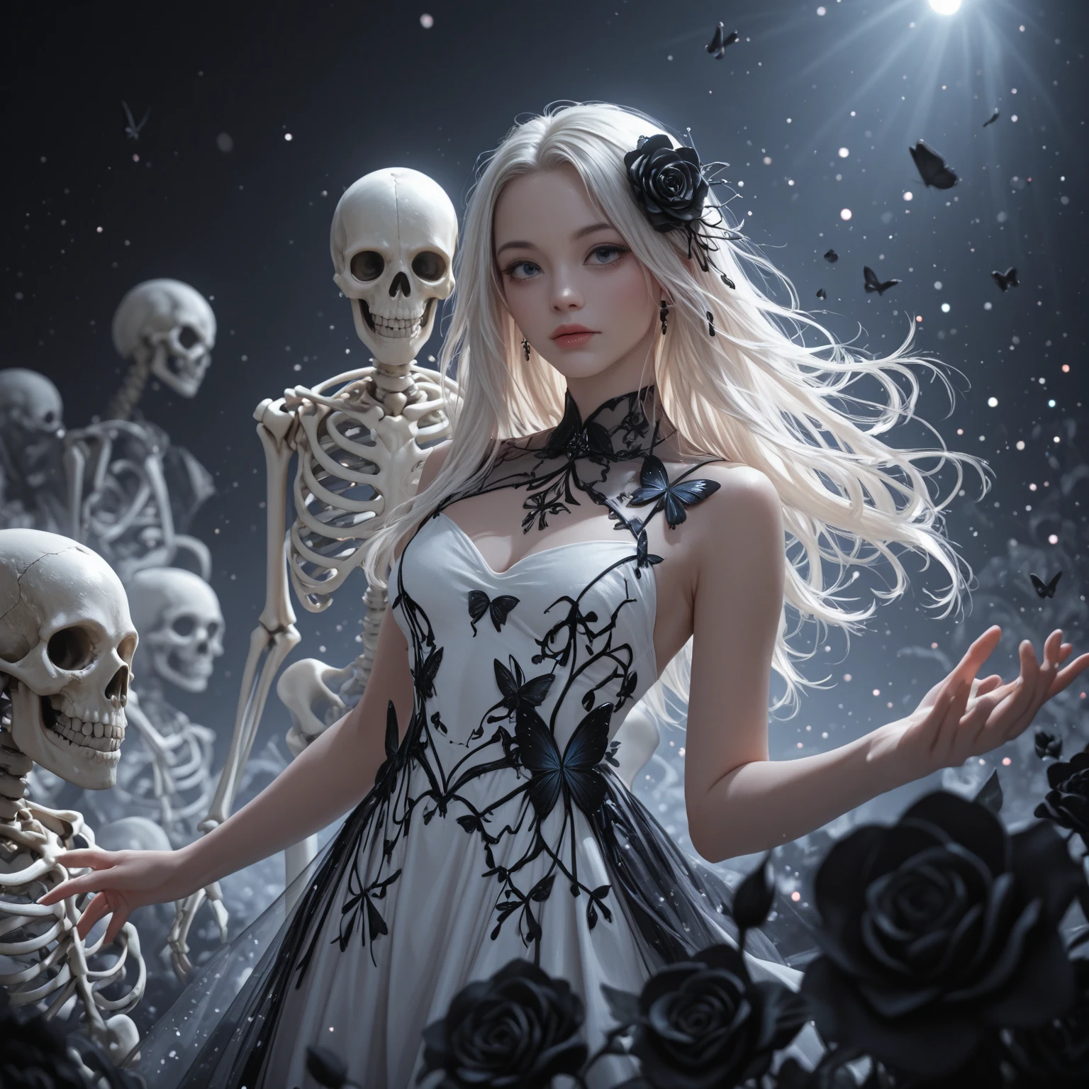 最high quality, masterpiece, Ultra-high resolution, (Realistic: 1.4), ((masterpiece: 1.4, 最high quality))+,(Super detailed)+, Official Art, unity 8k wallpaper, Super detaileded, beautiful, high quality, beautiful, masterpiece, 最high quality,  whole body, Character portrait, White Background, Red Straight Hair, Dark Eyes, Black Little Snake, White Theme, Red Jewelry, stud, Black lace flats, Asymmetrical Skirt, Bloodstains on skirt, devil, skeleton, Lots of lace, Glowing Skin, , rtrophto1,