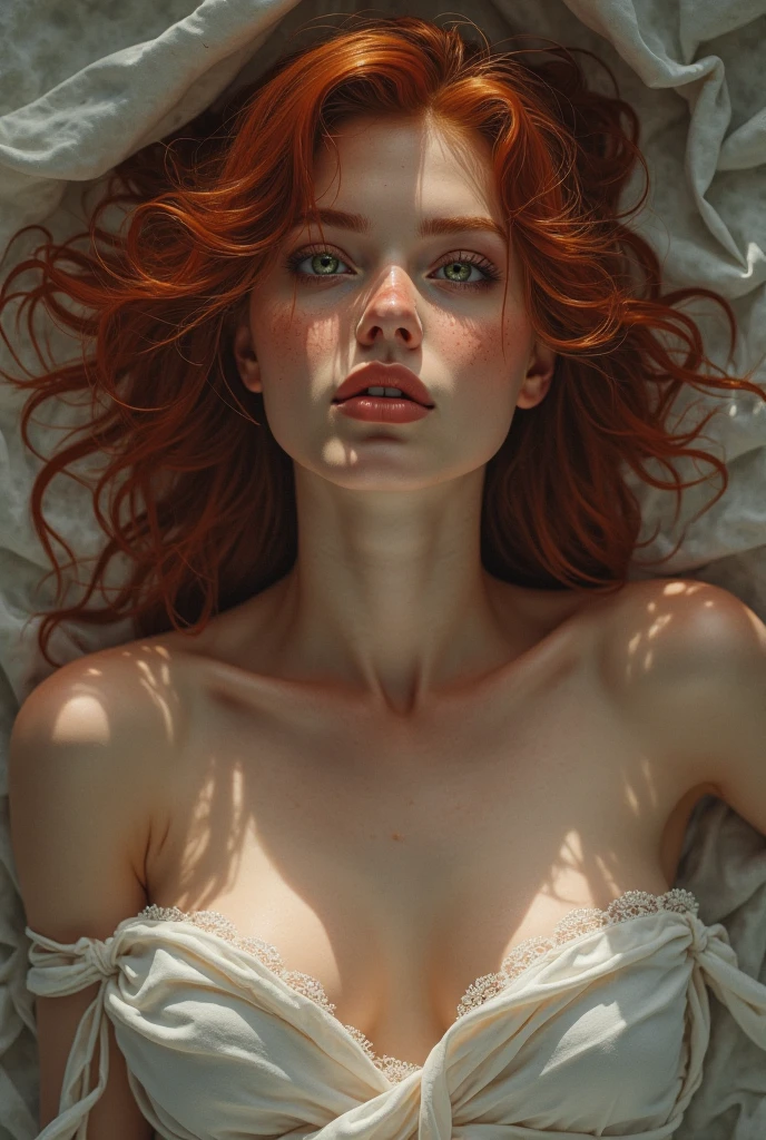 a alien girl who is look like a human with green skin tone has brown and red hair and brown eyes with thin-waisted completly naked laying and sleeping in a bed