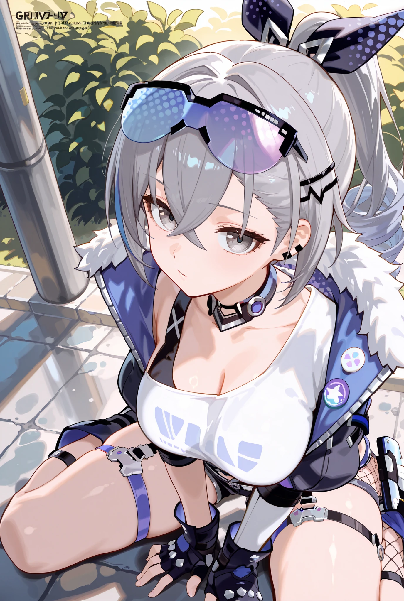 銀狼,silver wolf,


score_9, score_8_up , score_7_up , score_6_up , score_5_up ,
(masterpiece, best quality),ultra detailed,
warm lighting, rim light, megami magazine,
BREAK

1 girl, silver wolf \(honkai: star rail\)fingerless gloves, black shorts, eyewear on head, drill ponytail, crop top, fold-over boots, thigh strap, single fishnet sock, hair ribbon, choker,gray eyes,

outdoor,sitting, wariza,
upturned eyes,

from above,full body, (((solo))),
[large breasts], nsfw, looking at viewer, 