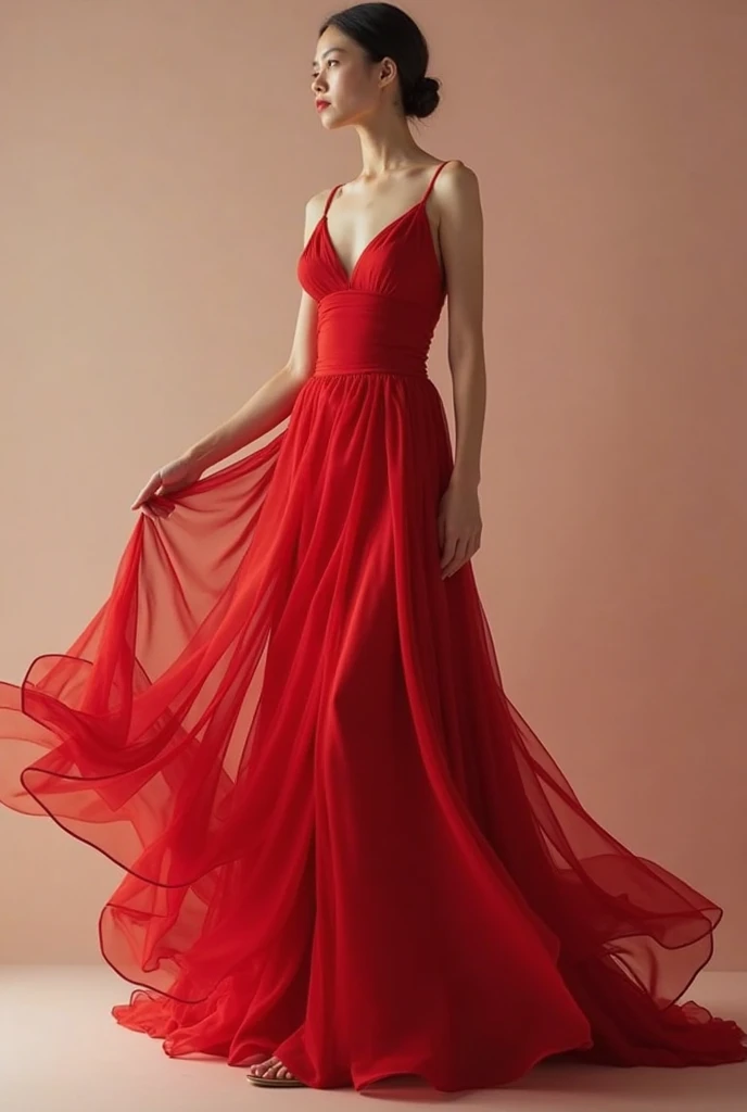 Creates a beautiful, smiling Asian girl,sexy girl, wearing a red dress, full-body, and red shoes.