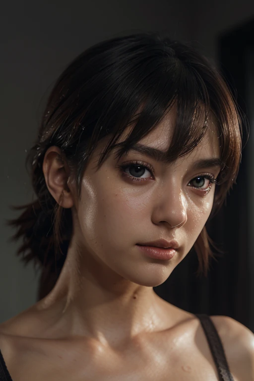 night, raw photo, (((Very beautiful portrait))), (Very beautiful portrait))), 1 girl, Sexy 25-year-old girl, Naked, ((Natural short hair brown)), [Brown eyes],Tender smile, Looking at the camera(split), ((masterpiece, Best quality, ultra detail, cinematic lights, complex part, A high resolution, 8 k, very detailed)), Detailed background, 8 k UHD, SLR camera, Soft lighting, high quality, granularity, Fujifilm XT3, shallow depth of field, natural light, perfect face