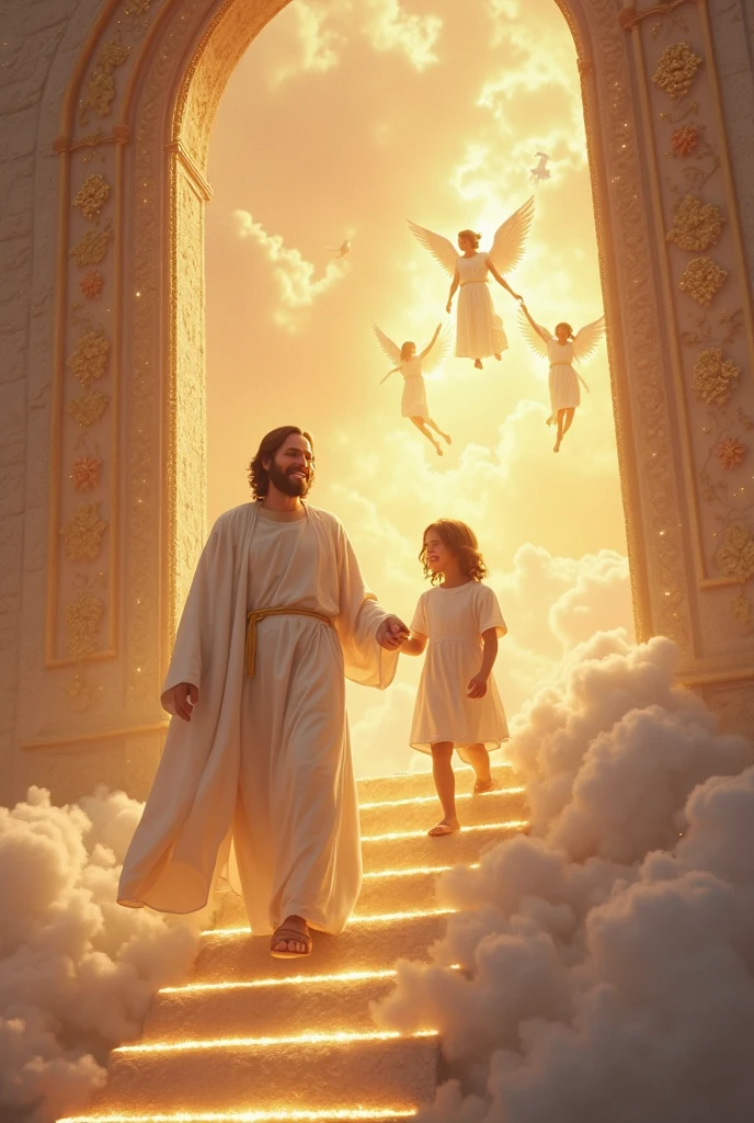 Create an image, JESUS CHRIST AND A CHILD (Female One) with angel wings, HOLDING JESUS&#39; HAND, walking. Image Background, an airplane.