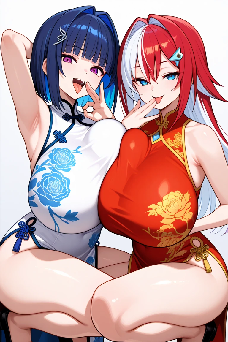 Highest quality、High resolution、Detailed Background、Beautiful face in every detail、age beauty、Huge breasts、Perfect body line、well-groomed eyebrows、indoor、Calm atmosphere、Shiny Chinese Dress、Dark colors such as red and black、Wearing high heels、Strap and ribbon design、Pearl and metal accessories、Sexy wavy hairstyle、Red lipstick、Deep red、very beautiful、(Two women looking at each other with big smiles:1.5)