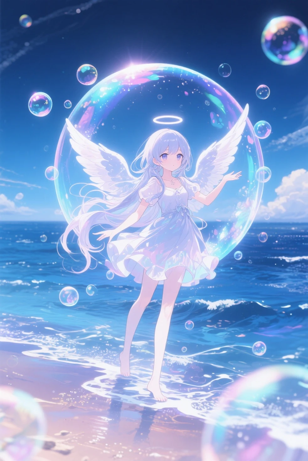 ((Girl floating in the starry sky))、((Multiple Bubbles))、((Beautiful girl in the middle))、((the girl has big wings))、((The girl closes her eyes and smiles gently))、((She is putting her hand on her breast))((She is wearing a dress))