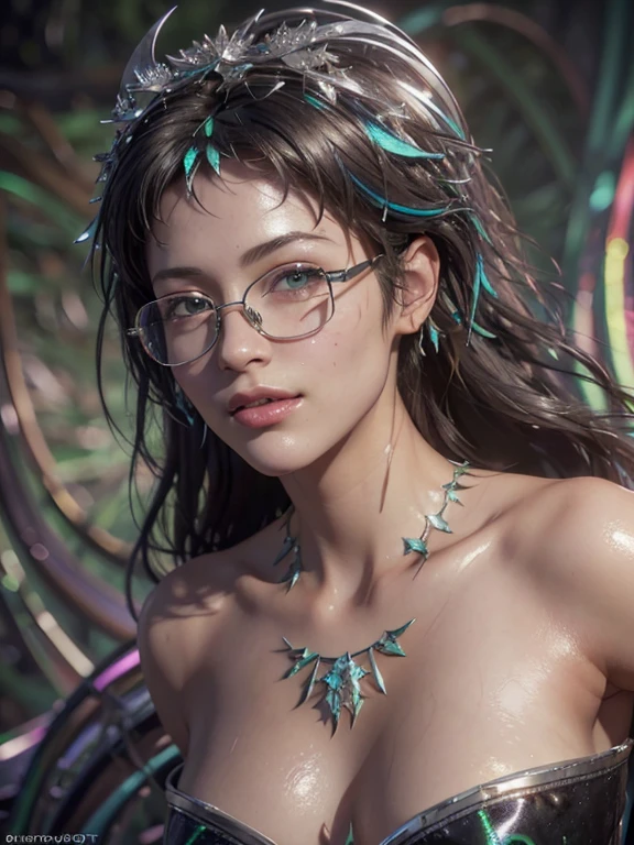 woman in meow fashion,portrait,big green eyes,nice smile, metal frame glasses, masterpiece,8 K,top quality,trending at the art station. (masterpiece, top quality, Best quality, official art, beautiful and aesthetically pleasing:1.2), extremely detailed,(fractal art:1.2),colorful,The most detailed, (dynamic pose), (abstract background:1.5), (Many colors:1.4). ((split. skin texture, Shiny skin. elegance. photorealism. unreal engine. 3D model. Ultra high quality textures. high detail. permission 8k))
