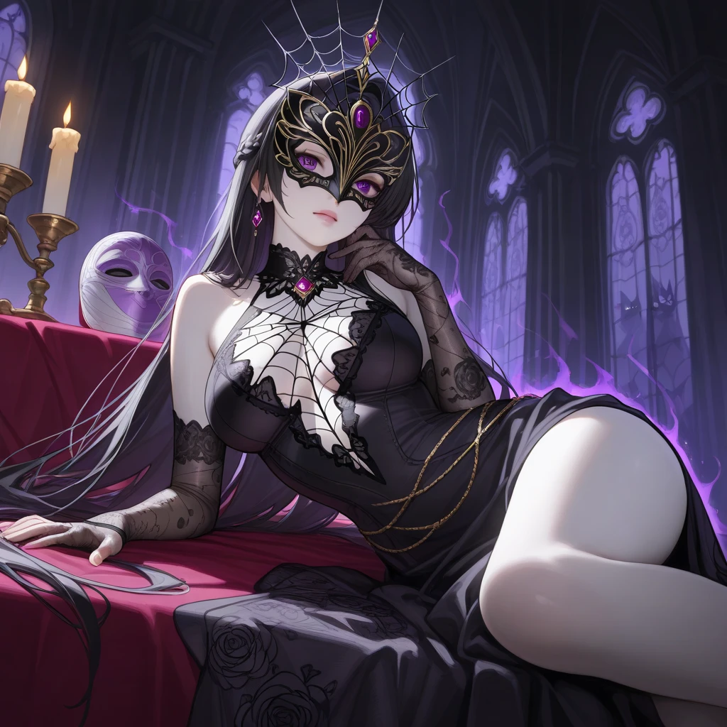 In a dimly lit, ornate chamber, Madame Spider sits poised on a velvet-draped chaise longue, her black kimono adorned with intricate white spider webs. Her raven tresses cascade down her back as she smirks wickedly, revealing gleaming black lips. Black eyes sparkle with mischief, hinting at the substantial inheritance that now hangs in the balance. The room is filled with the somber portraits of her late husbands, their deaths seemingly accidental but now revealed to be calculated murders. Madame Spider's pose exudes confidence and calculation, as if she knows exactly how to spin a web of deceit around herself. nsfw, masterpiece, incredibly absurd resolution, absolutely resolution, ultra high resolution, Mature Female, evil MILF, professional, vivid colors, perfect anatomy, ideal facial features, perfectly beautiful face,