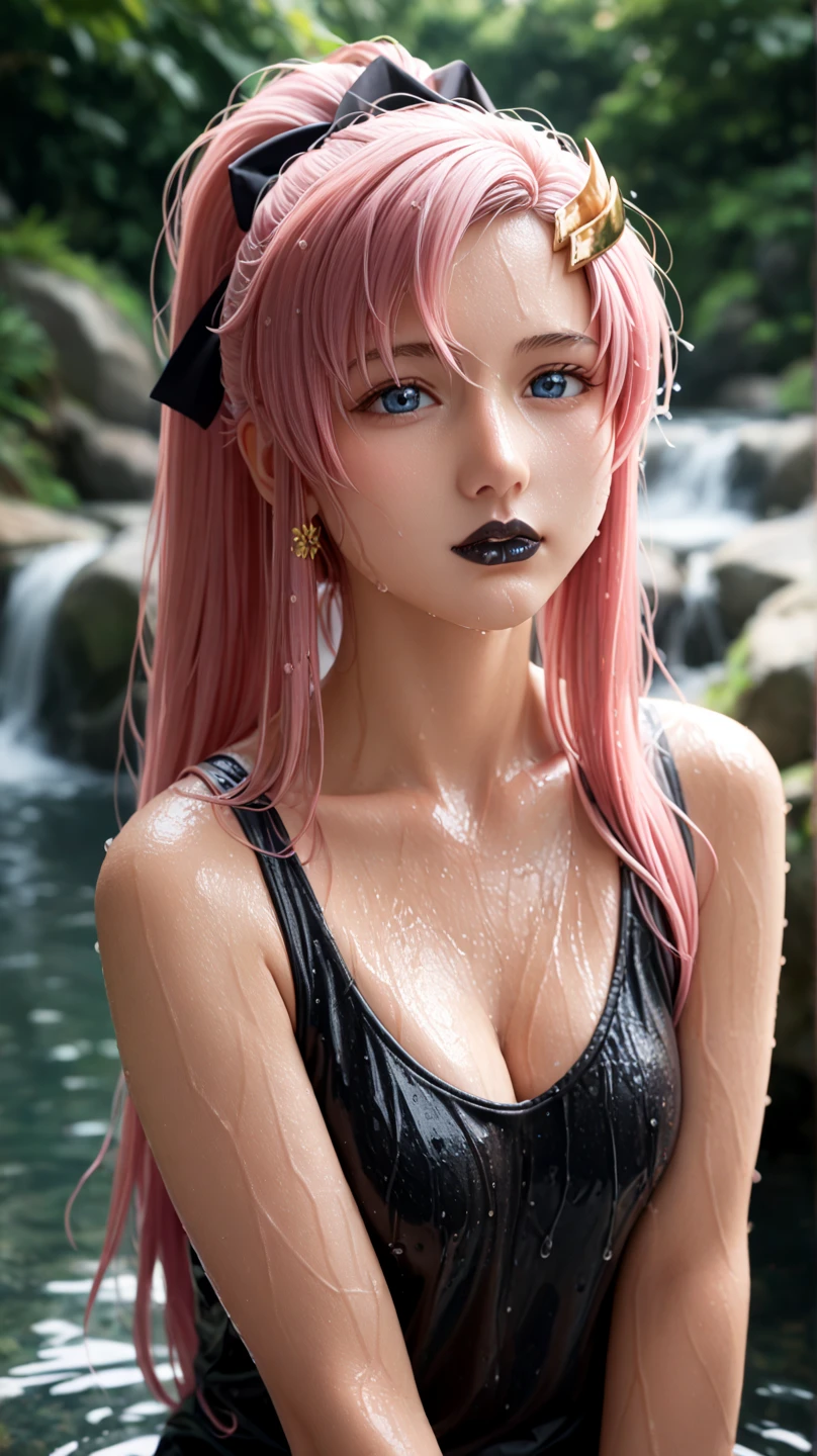 nude complexity, (8k, 4k, best quality, highres:1.2), (maasterpiece, realistic, photo realistic:1.37), 1girl, solo, beautiful face, eyelashes, nose, glossy lips, (detailed eyes, looking at viewer, fair skin, white skin:1.5), fine complexion, upper body,
large breasts, busty, nipples, (nude:1.5),
outdoor onsen,
two side up, absurdly long hair, blonde hair, pink hair, bangs, hair ornament, bow,
younger, aged down,