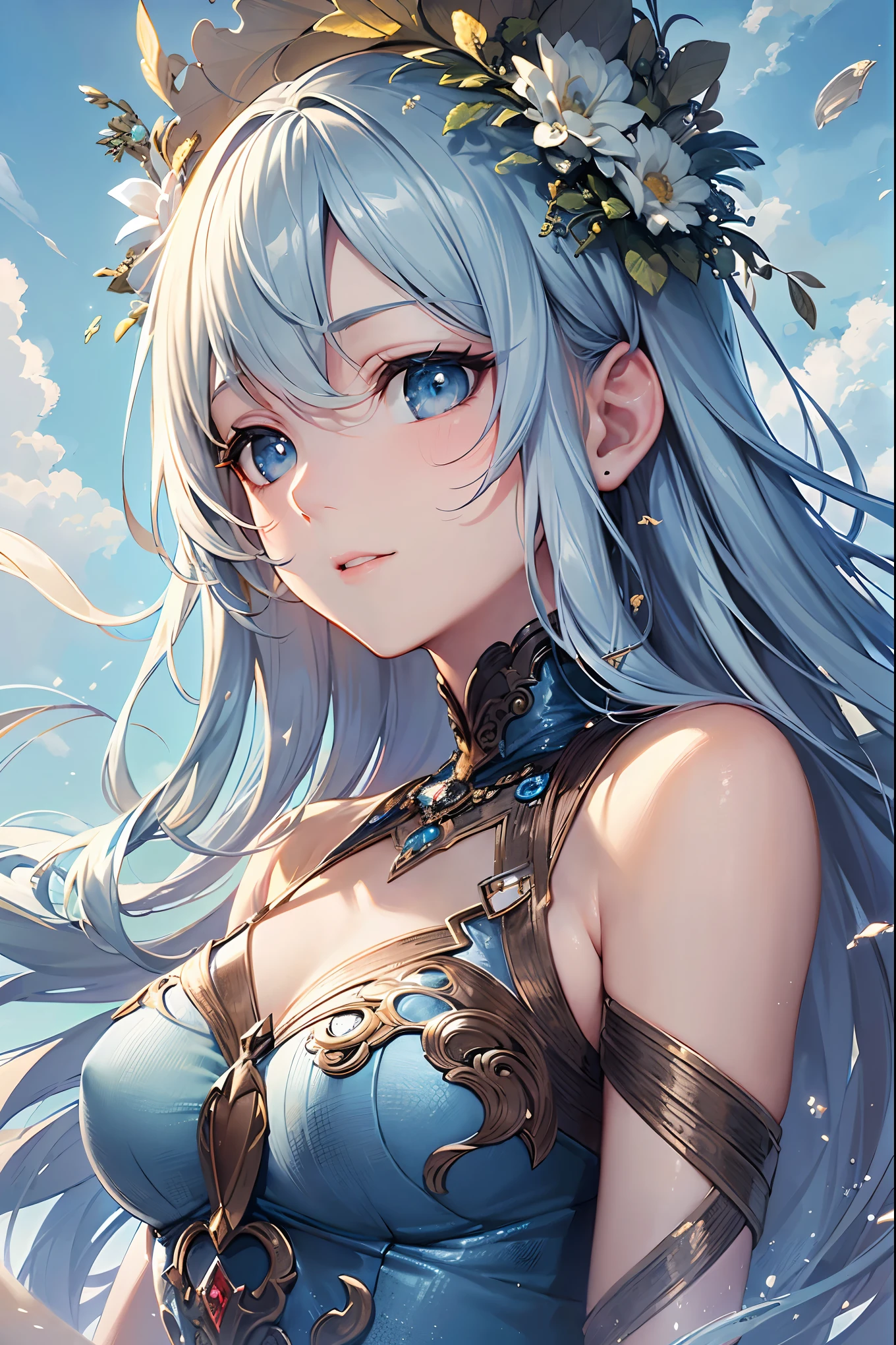 Masterpiece, an android, solo, textured metallic skin, glowing blue eyes, touching a flower in a lush landscape, slowly falling snowflakes. High quality, realistic, ultra-detailed, (metallic sheen: 1.2), surreal, looking at the flower, intricately designed, dynamic light and shadow, high resolution, sharp focus, depth of field, detailed petals, realistic textures, (glowing pupils: 1.5), lush greenery, serene atmosphere, softly falling snow, winter wonderland.