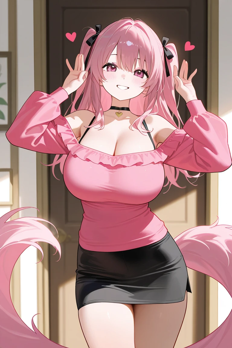 Happy little girl, with wolf ears and pink hair, holding her cheeks, wolf tail, wearing a latex dress, looking at veiwer, full body, you can see her chest, naked breasts