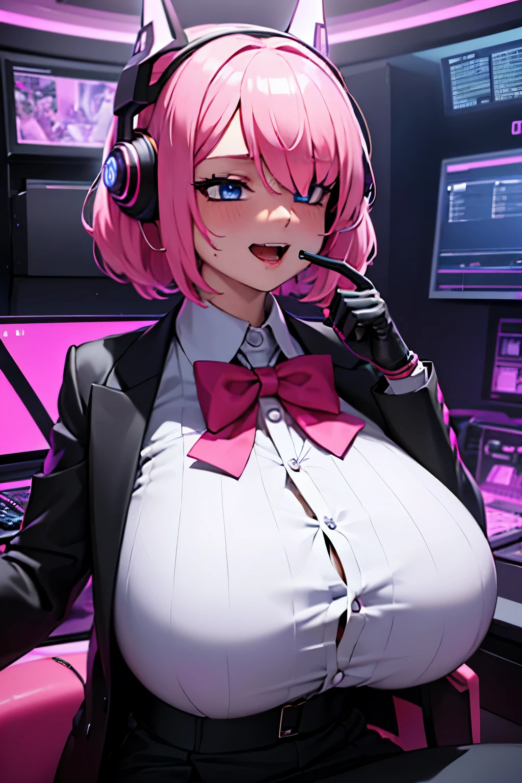 1girl, solo, (masterpiece, best quality:1.4),((best quality)), ((highly detailed)), masterpiece, absurdres, (detailed eyes, deep eyes), bunny girl, pink hair, long hair, bangs, blue eyes, white pupils, smiling, big breasts, deep cleavage, rabbit ears, fake animal ears, headset, headphone's, ear piece, rabbit tail, dark blue leotard, detached collar, pink bow, bare shoulders, black pantyhose, wrist cuffs, excited expression, smiling, teeth, front of the computer doing a Twitch livestream, the girl is a Twitch streamer, Twitch streamer/gamer, highly detailed background, (Background: Indoors, in a room with a desk, chair, microphone, mouse, keyboard, There are multiple computer monitors), sitting on a chair, depth of field, UHD, masterpiece, High quality art style, best quality,