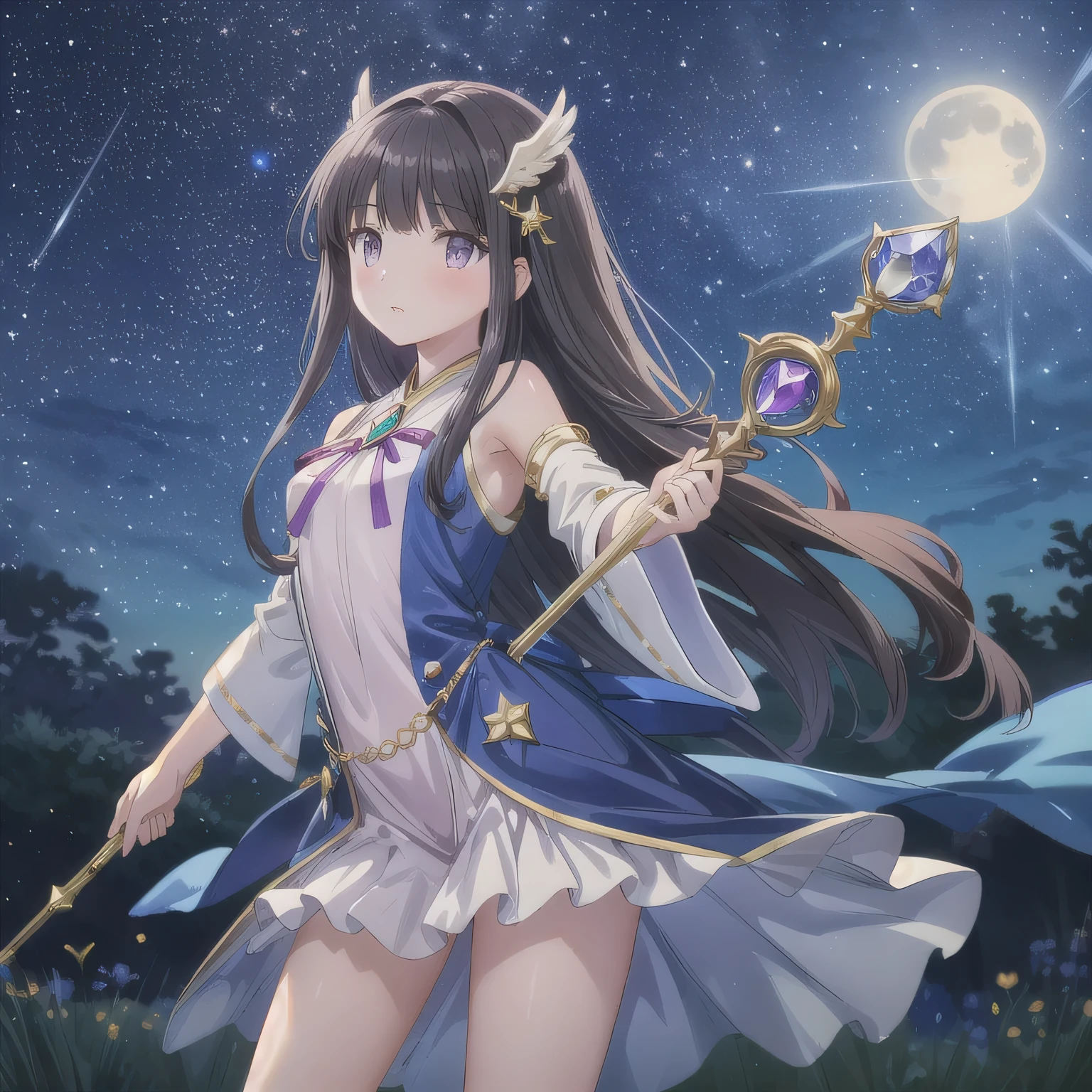 A beautiful, anime-style Japanese magical girl, with long flowing dark hair and deep dark eyes. She wears an elegant, shimmering purple magical outfit with fantasy details, such as frills, ribbons, and glowing accents. She holds a magical staff with a glowing purple gem at the tip. The background features a full moon in a starry night sky, with an owl flying across. Her expression is graceful yet strong, and she radiates a mystical, magical aura. The overall atmosphere should feel enchanting, mysterious, and distinctly magical girl-like, with a touch of elegance and maturity.