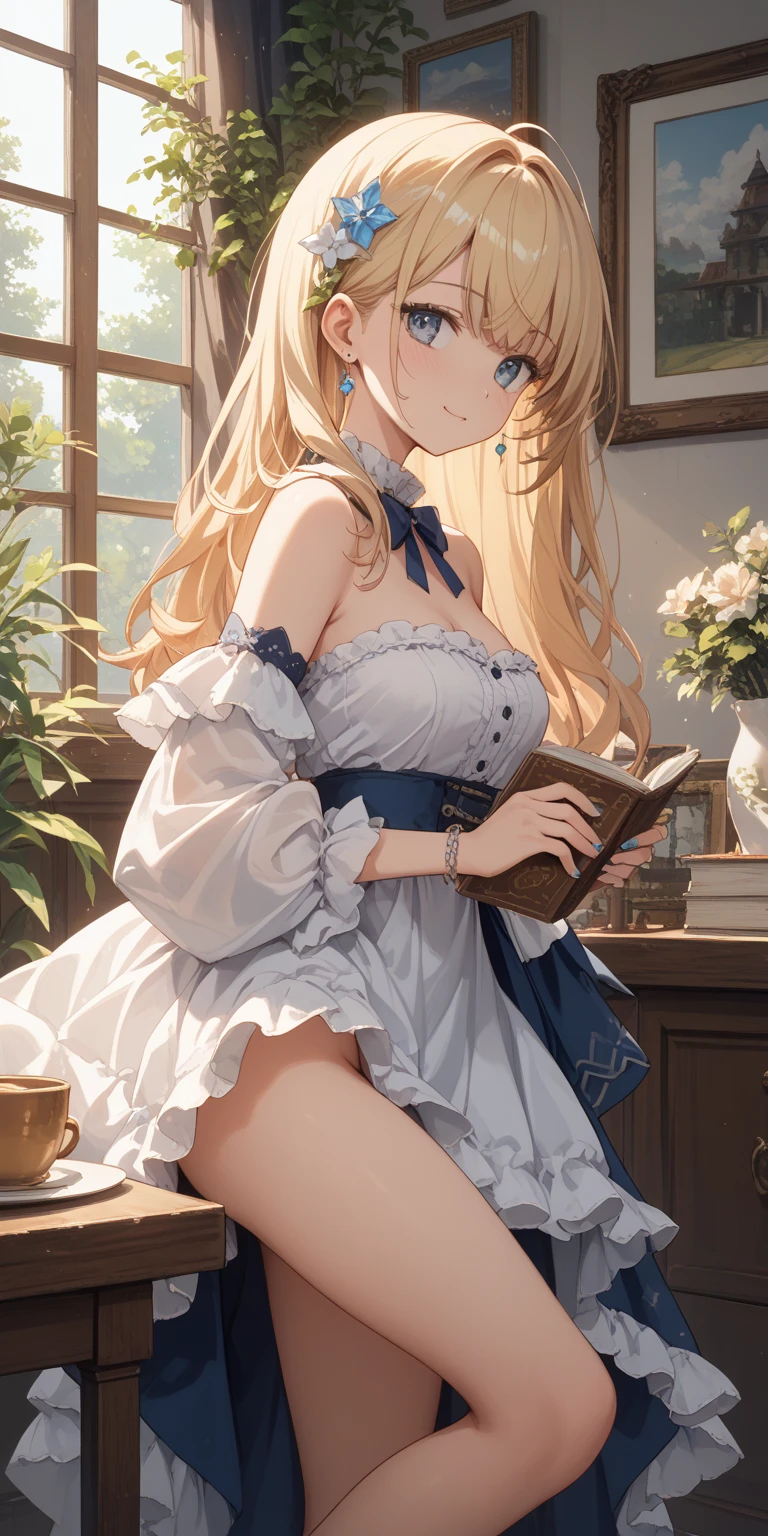 debris flies, highest quality, Highly detailed CG Unity 8K wallpaper, sexy witch , Long length hair、Dark blonde wavy hair、off shoulder knit, dark blue pleated skirt, stockings、medium breasts, saggy breasts, Pose that emphasizes the chest, blush, shy smile, bare shoulders, (((lift up the skirt with both hands、open your legs wide、please open your knees))）、、nice magic book、church bed、lying in bed、、light blue panties、light blue bra