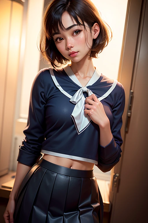 (best quality, 8k, photorealistic:1.5),(beautiful Japanese girl),((one woman)),(solo female:1.1),(one person photo:1.3),(front photo),(abdominal muscles),(shiny skin),(light brown hair color),(Bend legs and open thighs),(squat down),(baby face:1.5),(big beady eyes:1.5),(droopy eyes),(impressive eyes:1.5),(cute girl),(sex appeal),(Mini thong:1.3),(Mons pubis),(raise both arms behind head:1.4),(lean back),(Restraints lined up on a concrete wall),(stretch back),(open legs firmly),(healthy body),(teenager:1.2),(school uniform costume play:1.3),(Show off crotch),(1 person photo:1.5),(embarrassing:1.5),(pinup model photography:1.5),(pinup girl photography),(smile)
