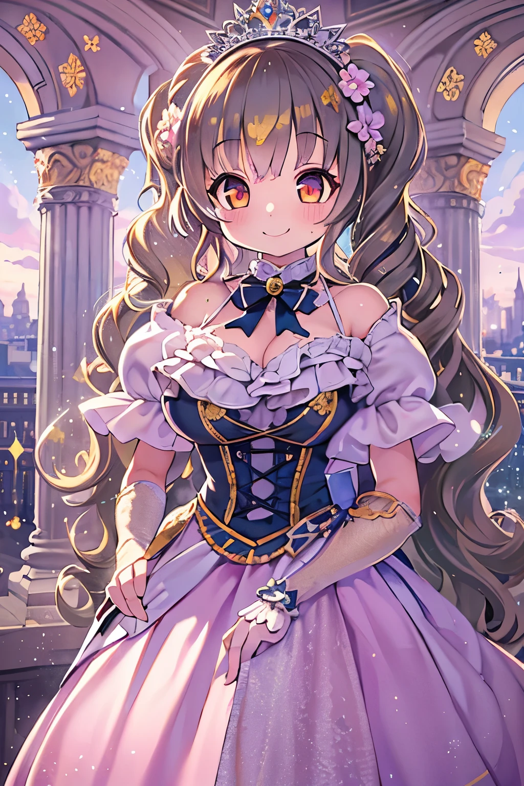 (masterpiece), best quality, expressive eyes, perfect face,(fox girl, Fox ears, fox tail),((light brown hair)),(glowing yellow pupils),(huge breasts:1.4),cleavage,(princess:1.2),(pink and light blue floral deep V dress with a rose corsage:1.5),high heels,crystal pendant,circlet,earrings,armlets,bracelets,bashful smile,standing,sexy pose,golden castle,(night:1.1),(starry sky 1:1)