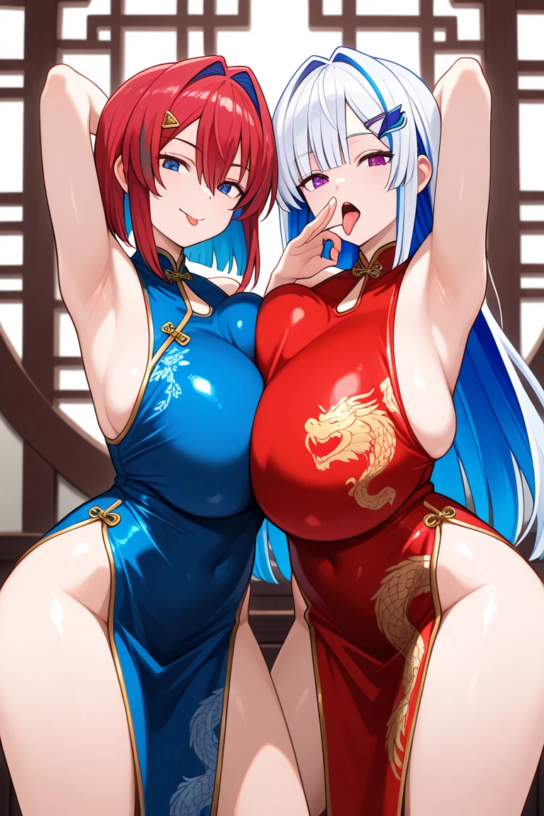 Blue hair, Blue eyes, Perfect hands, Snake pupils, White bone wings, Dragon tail, Perfect face, Dragon horns, High-forked cheongsam, Elf ears Young women