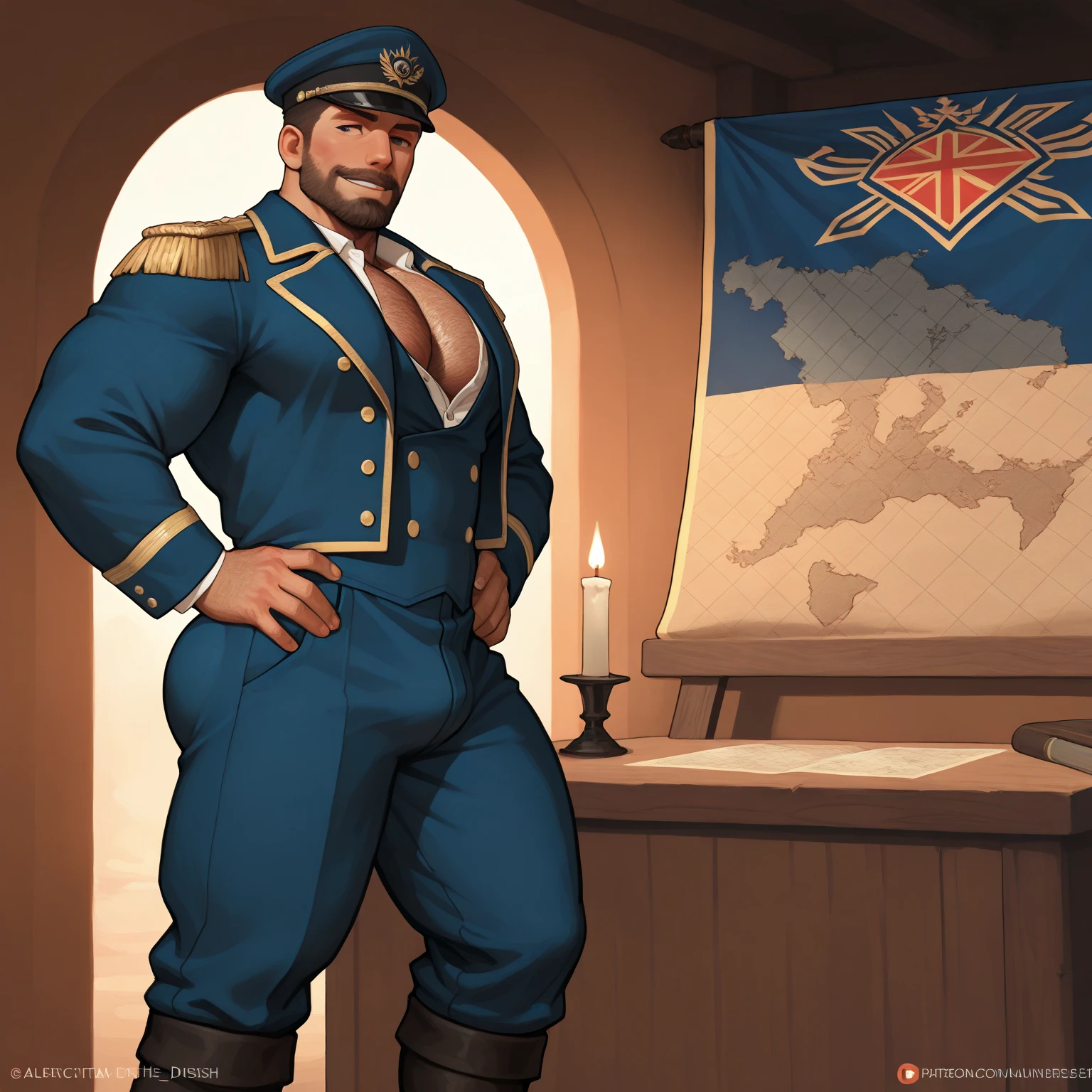 there is a man with a beard and a hat on, communist draven, very buff, super buff and cool, buff man, technoviking male with no shirt, male art, bushy moustache, monet and da vinchi art style, muscular character, aged shaggy ex military soldier, from overwatch, buff painting, he got a big french musctache, lumberjack