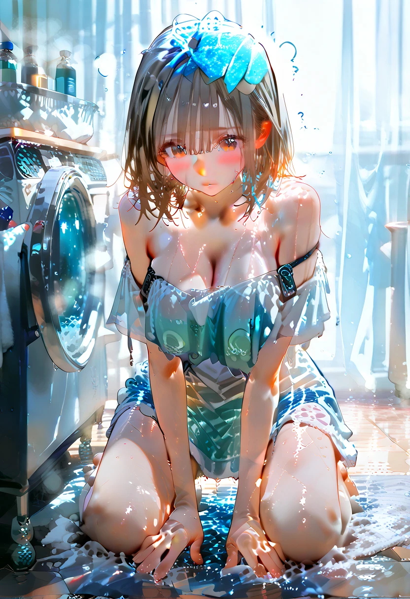 (Realistic:1.6),(High resolution:1.6),(alone, ),(Thin woman:1.2),(Beady Eyes),(Hollow Eyes),(Light brown hair),(Slender body),(Show off your ribs),(experience an orgasm),(),(Small breasts)，(Flat Chest),(Ahegao),(Ecstasy),(sexual excitement),(BDSM),(A white one-piece dress that lets your skin show),(Harness),(constrained),(Hands tied),(Tied up and unable to move),(masochism),(eroticism),(Both armpits are visible),(Hands behind head),(Sexually assaulted),(Paper Panties),(Paper Bra)，There is a white liquid in a container at your feet.，Bathe your face with milk，Bathe your breasts with milk，Bathing your feet in milk，Sweating profusely，Bleeding from the stock，Young body，low length，Drooling，Lie on your back，the lower abdomen swells，Full-body composition，Fisheye Lens