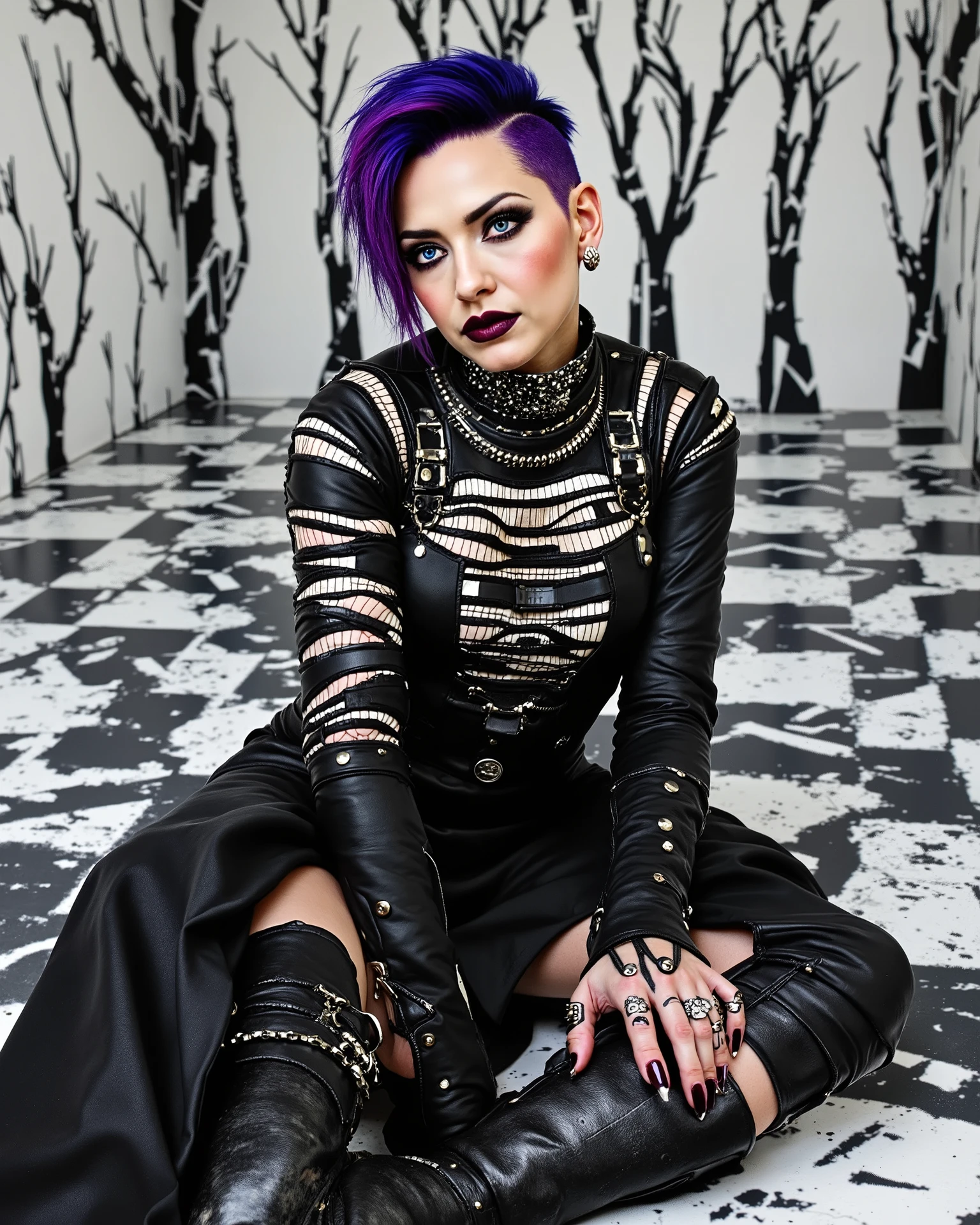 In an environment like a checkerboard A surreal work that represents a sinister Marilyn Manson, Nordic fashion model sitting. The beautiful punk gothic metal woman wears black leather clothes and spikes with brutal platform boots that combine a minimalist background, It integrates seamlessly into the environment. with complex, with a surrealistic structure. The person wears black and white striped clothing that combines intricate leather details with abstract and geometric shapes, The background has an effect with black and white patterns. Masterpiece
