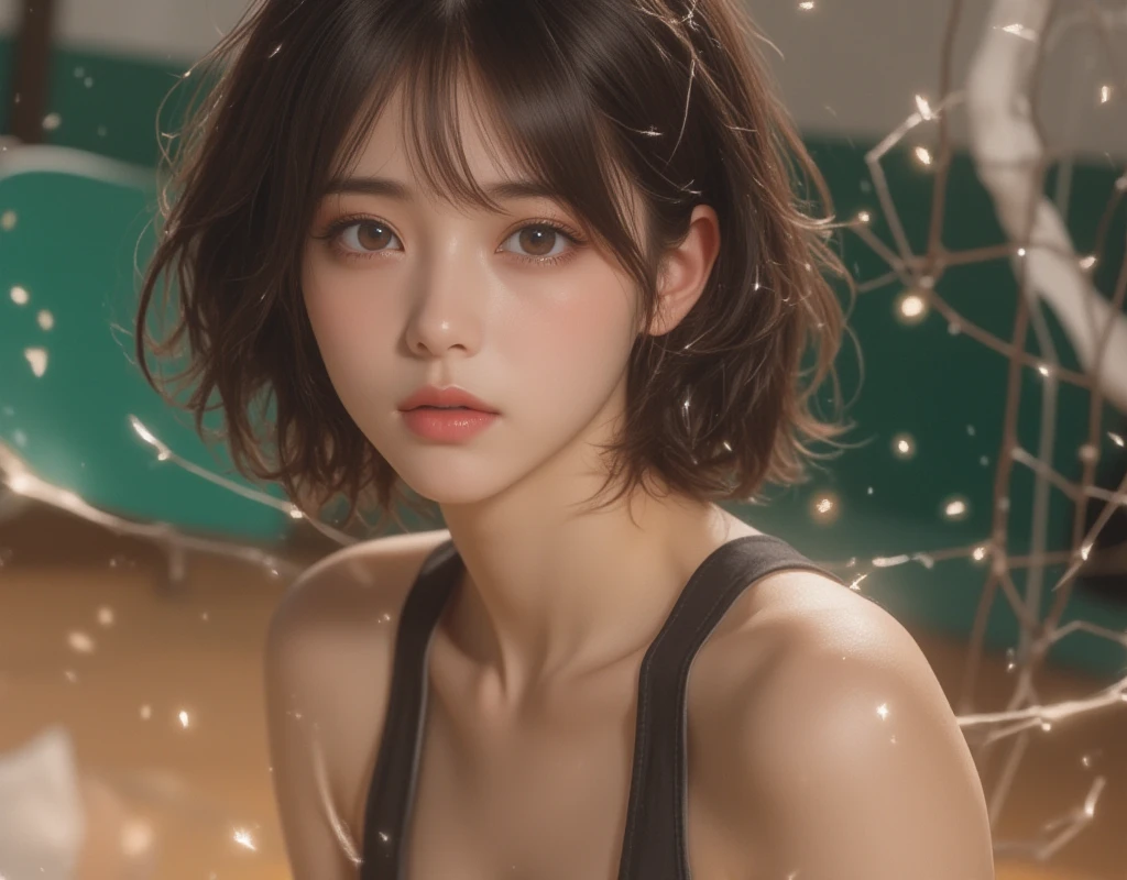 hightquality、masterpiece、超A high resolution、(realisitic:1.4)、(True skin texture:1.3)、Perfect beautiful adult woman、beautiful detailed eyes and face、Thin makeup、Small Smile、Light brown short-cut hair、Small necklace、sleeveless shirts、View from the rooftop at night、twilight townscape、