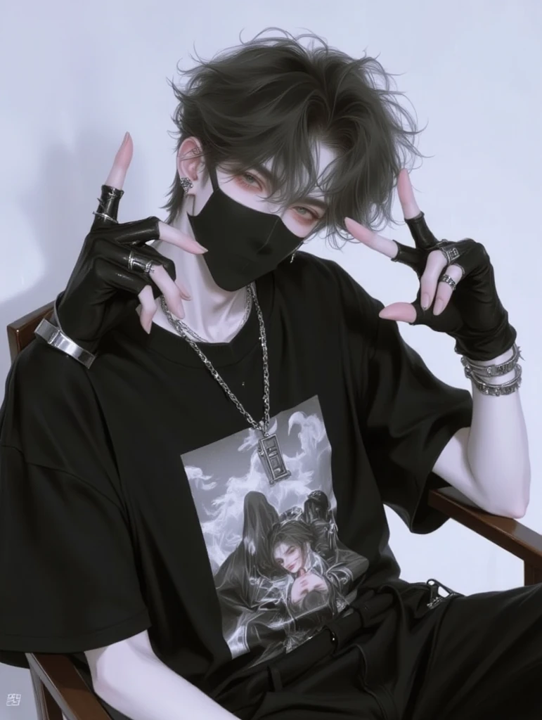 Tomorrow x together member kang Taehyun in the words standing he looks indifferent he’s holding a bloody knife in his hand and is holding it up to his throat he’s wearing black baggy pants and a black distressed hoodie with a black tank top under and is lifting a ghost face mask above his head like halfway off his head