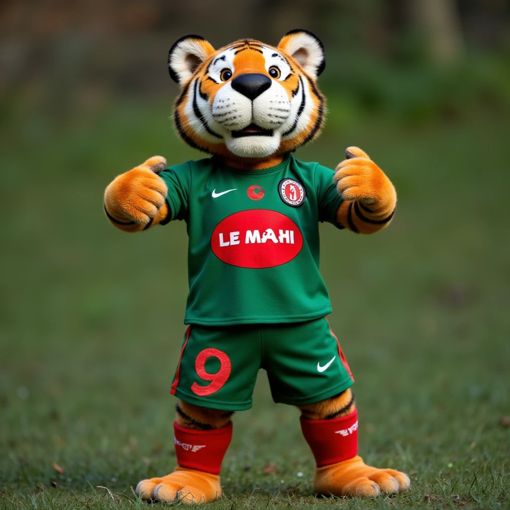 Full body puma, WITH WHITE BACKGROUND, wearing a green and white sports uniform that says ESEN TV