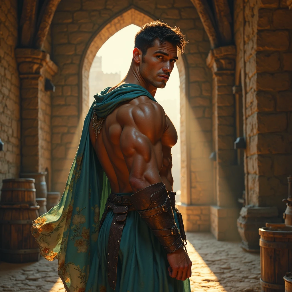 (Handsome man, Typically black or dark brown, though some individuals might have lighter shades due to genetic mixing.
Facial Features: A combination of high cheekbones, almond-shaped eyes, and strong jawlines, reflecting both their Central Asian and Mediterranean heritage. 24, muscular, sexy, medieval times, pale olive skin, almost white looking, Prince future king