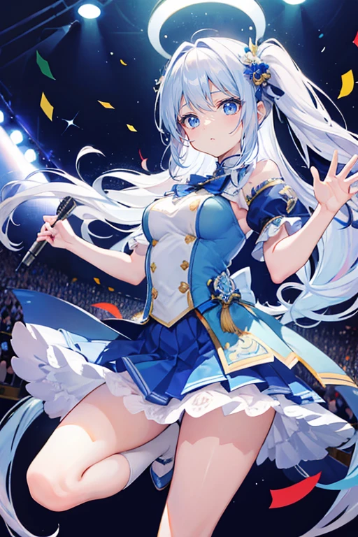 (muste piece), (best quality), very detailed, ((1 girl)), solo full body shot,Viewer's perspective,Low - Angle,dynamic,jump,(A big smile),wink,perfect face, beautiful face, very detailedな顔,((white long hair_blue eyes:1.3)),Gorgeous idol costumes,solo idol,ribbon hair ornament,concert dome,live,have a microphone,singing,smiling with mouth wide open,Laser Light,Spotlight,Lots of confetti