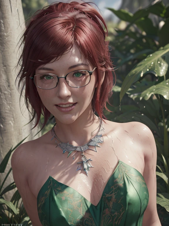 Short, Red hair, green eyes, smiling, Naked, wet sex elf girl 15 years old with small breasts, wearing glasses with metal frames, in a green bikini against the backdrop of a waterfall. photorealism. unreal engine. 3D model. Ultra high quality textures