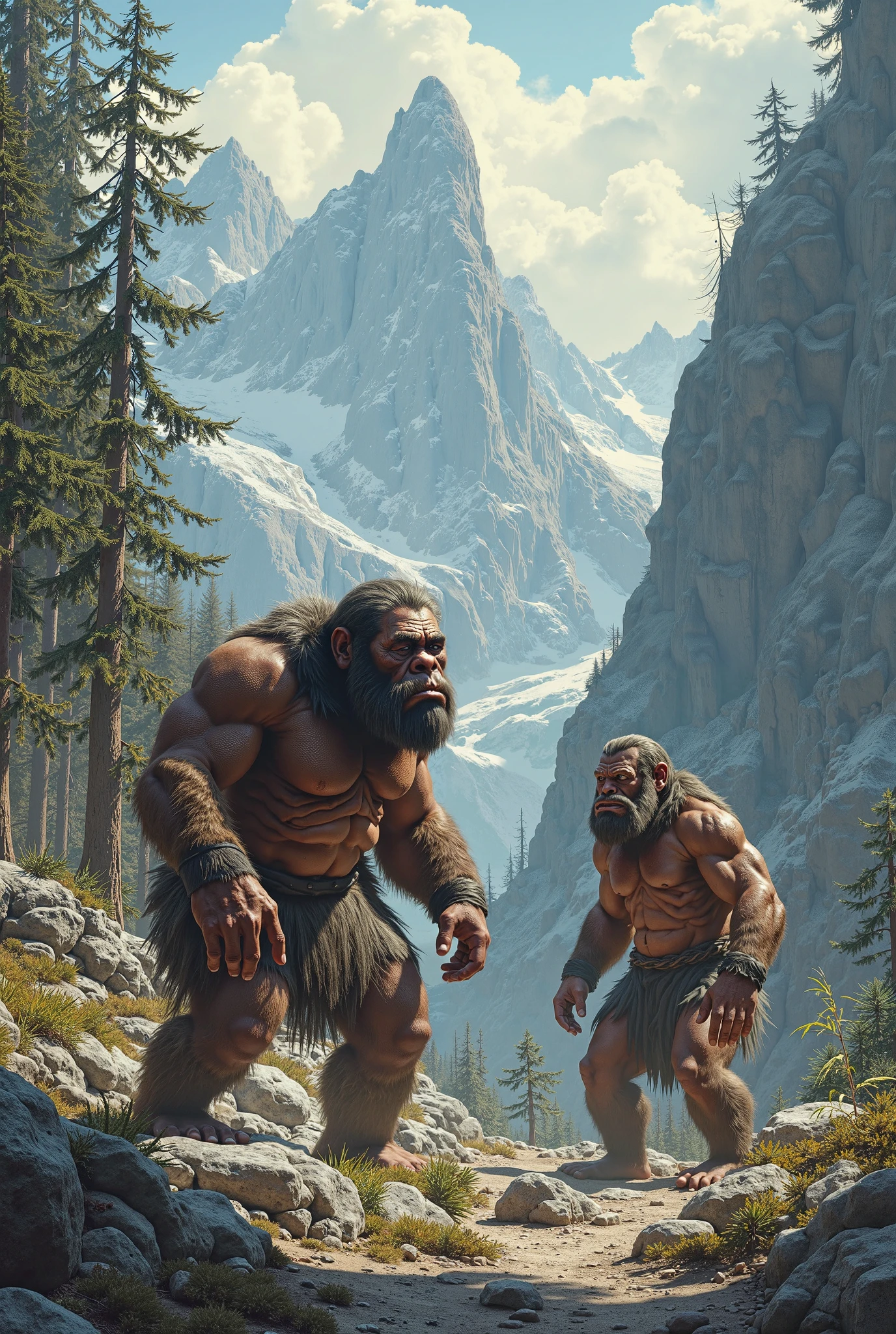 two cavemen who look a bit alike staring at each other, one with an angry face and the other with a calm and good face, the image must have a dark and mysterious air they are on a mountain of rocks the sky opens a ray over the man who has a pleasant face
 