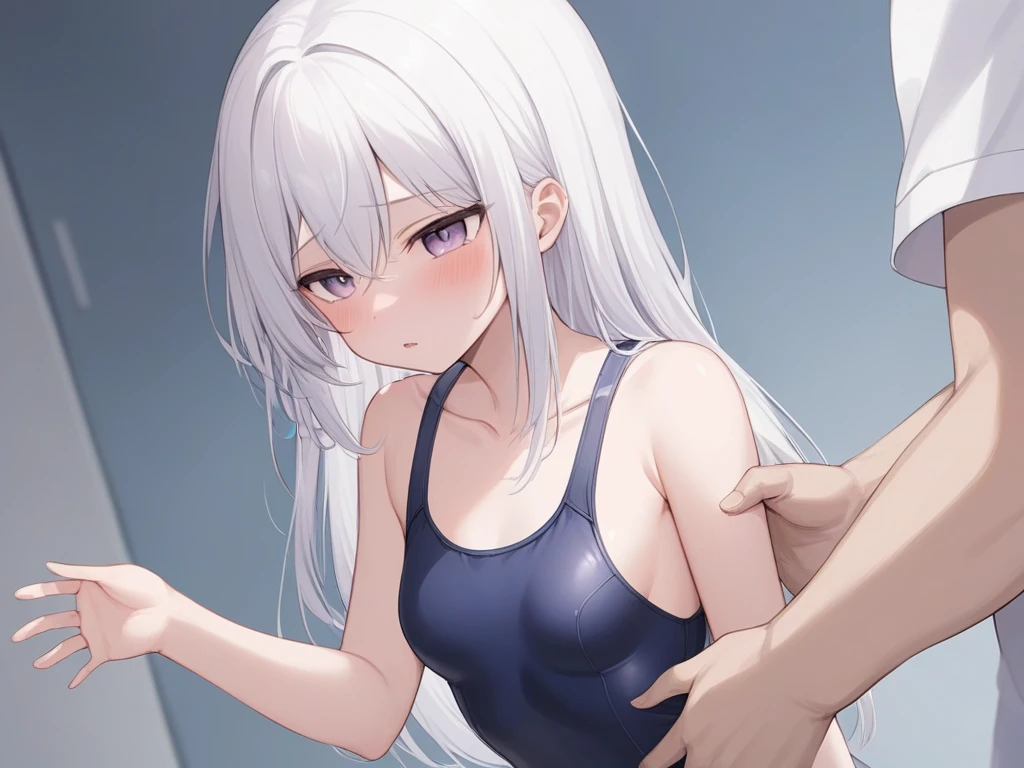 (((masterpiece))),(((best quality))),(ultra-detailed,high resolution:1.2),(illustration),((an extremely delicate and beautiful)),(detailed background), (((((hug from behind)))), sex from behind, standi,hetero, ((((1petit girl,short stature)))), (slender body:1.4), (long hair,pony tail),drill hair,grey hair, grey eyes, ((((flat chest)))), hair between eyes, eyewear on head, covered navel, collarbone, pale skin,shiny skin,((She wears one piece swimsuit,frilly swimsuit, hair ribbon)), ((((panicking)))), (wavy mouth), open mouth, (trembling), (cum on clothes,cum on body,excessive cum:1.4),cum facial,bukkake,cum on hair,cum in pussy, clothing aside, clothed, (1old man,tall stature:1.4),large penis, he looks ahegao, text,