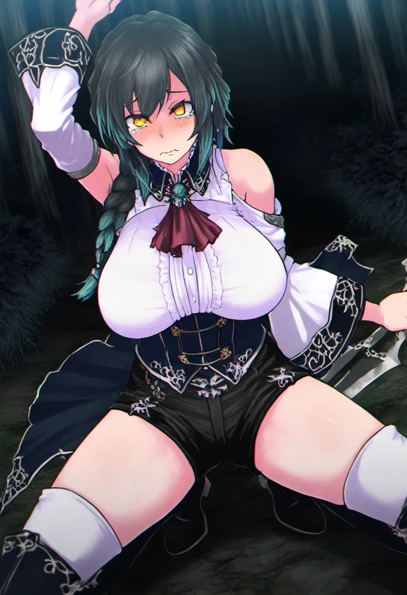 Anime. Owari no Seraph. 1 Girl. Expensive . A vampire. Clumsy. Progenitor. Silver hair. Wavy hair. Long hair. Red eyes. Beautiful eyes. Perfect eyes. Expressive eyes. Ideal face. Perfect body. Beautiful long ones. legs. Beautiful nose. 18 years. Big breasts. Standing. Full height. Beautiful character design. Shiny skin. Pointy ears. White dress. Vampire uniform dress from Owari no Seraph. Black stockings. She poops while squatting in the bushes. Thick sausages of poop come out of her ass. No panties. Heeled shoes. Ruins of Tokyo. Whole body. NSF. Official art. Extremely detailed CG Unity 8k wallpaper. Ideal lighting. Ultra high resolution 4K. Super detailed 8K. A high resolution.