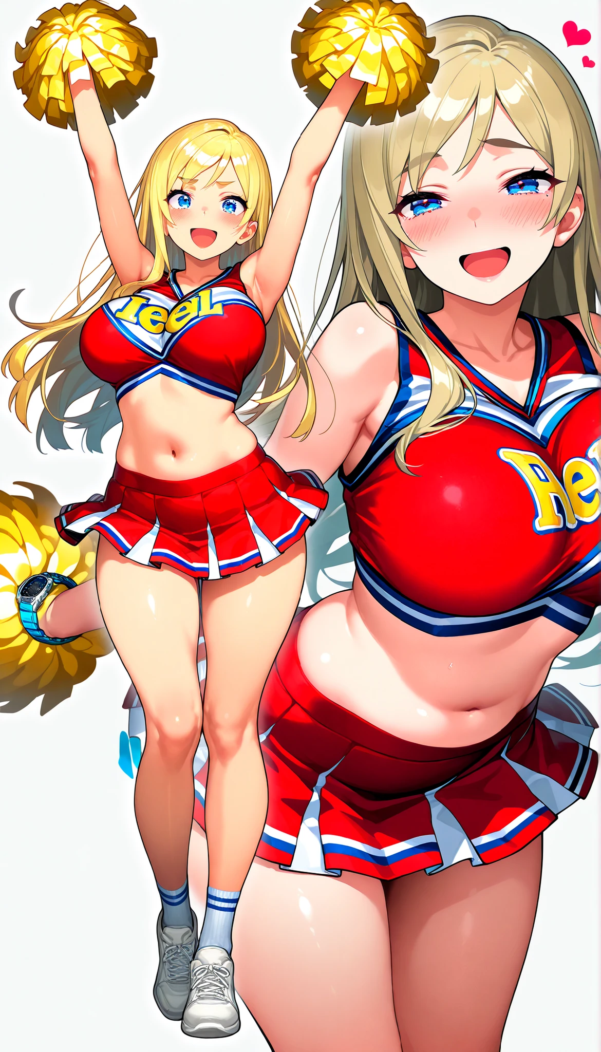 anime artwork, score_9, score_8_up, score_7_up, score_6_up, score_5_up, score_4_up, Mount Lady, blonde hair, purple eyes, big breasts, she is 24 years old, style_3, ,,, , , , , _, standing, cheerleader, skirt. underboob, u.a. cheerleader uniform, orange top, orange skirt, below view, visible panties, green line on down of skirt